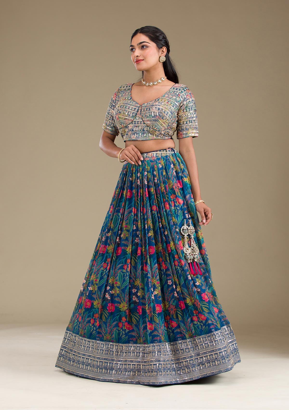 Navy Blue Printed Georgette Readymade Lehenga-Koskii