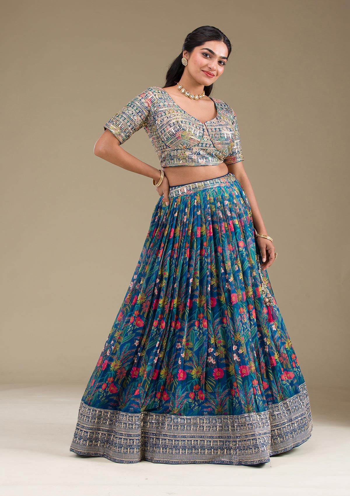 Navy Blue Printed Georgette Readymade Lehenga-Koskii