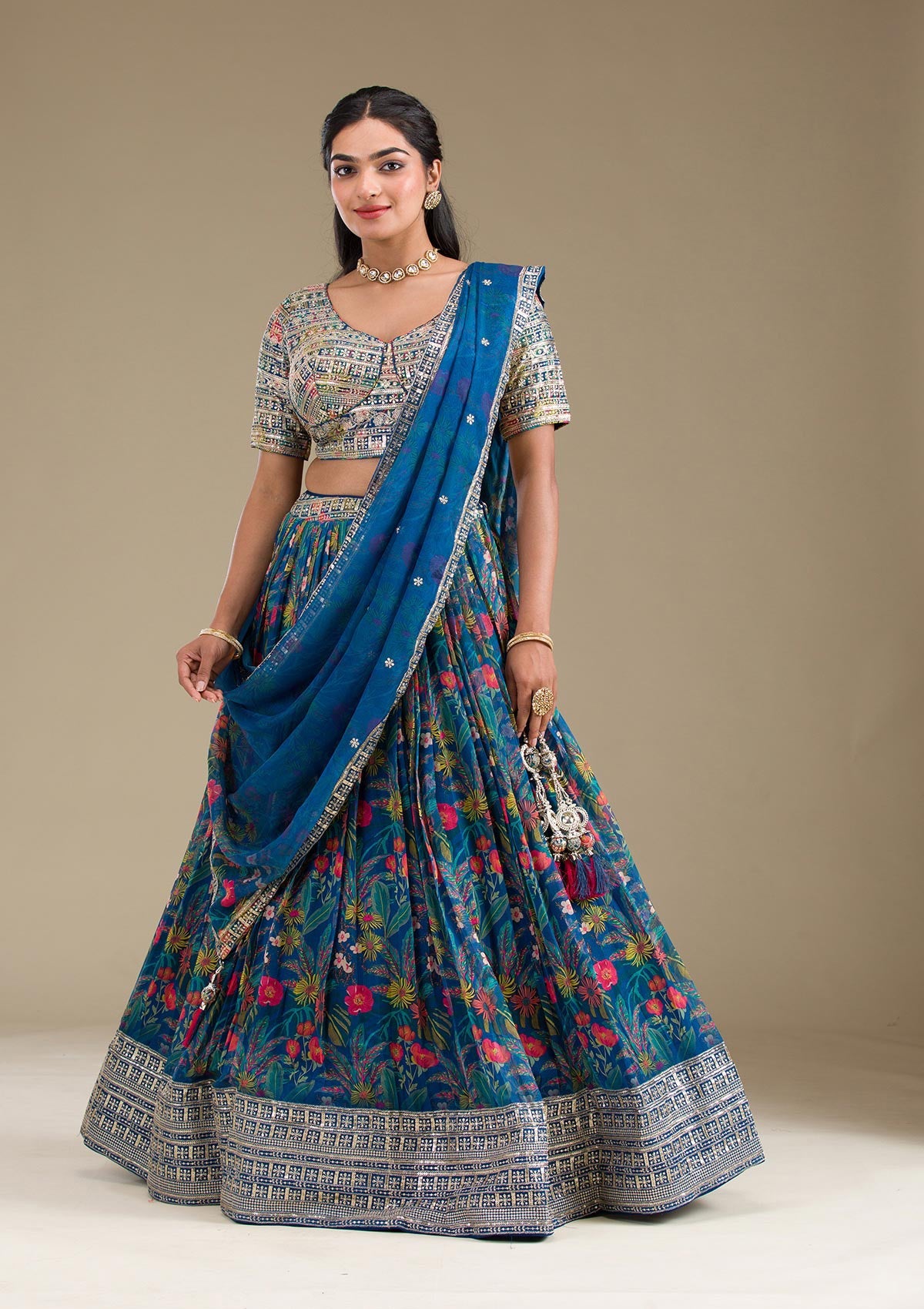 Navy Blue Printed Georgette Readymade Lehenga-Koskii