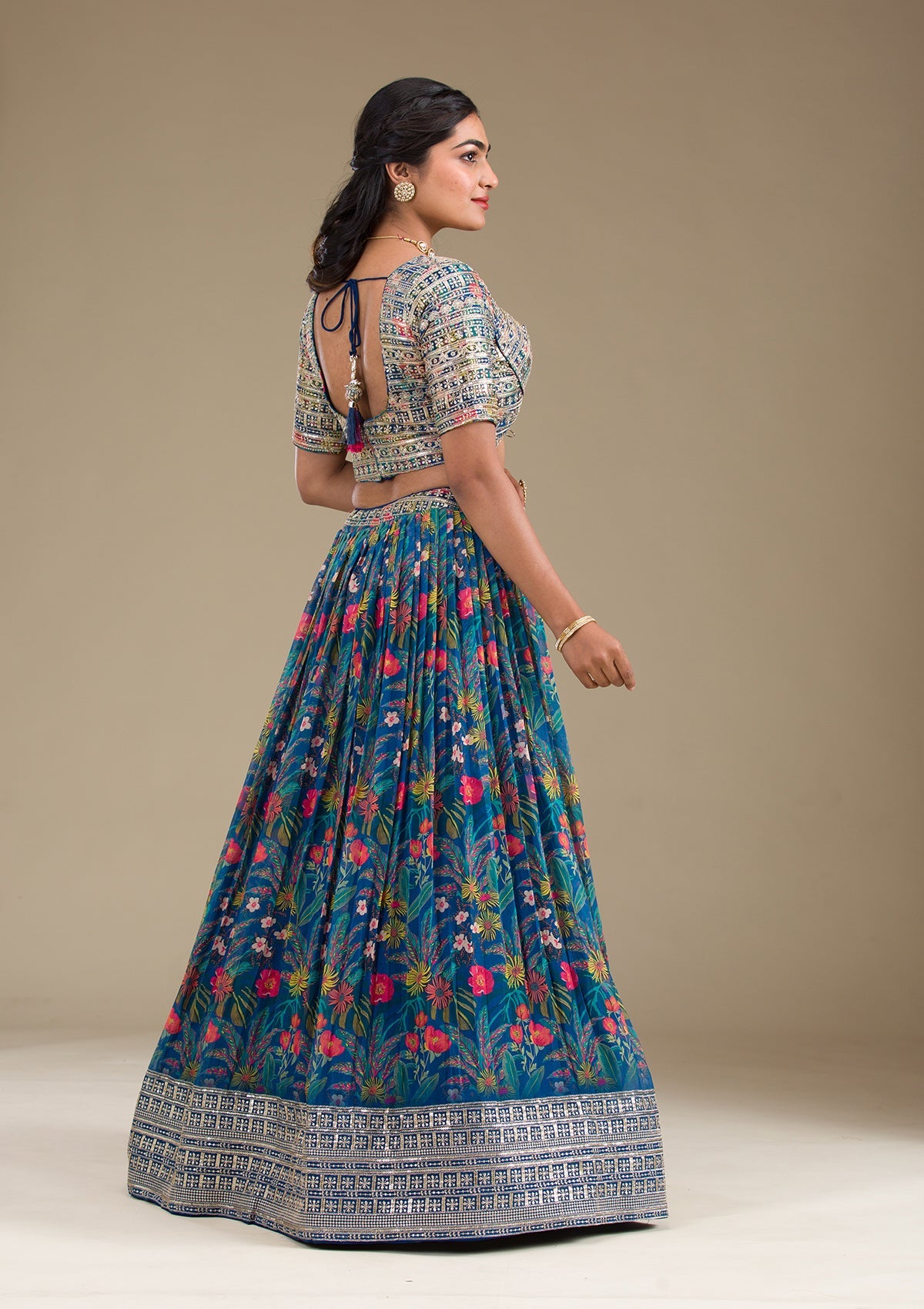 Navy Blue Printed Georgette Readymade Lehenga-Koskii