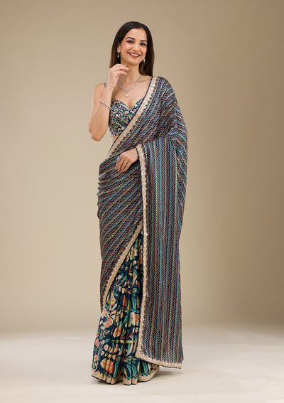 Navy Blue Printed Satin Saree-Koskii