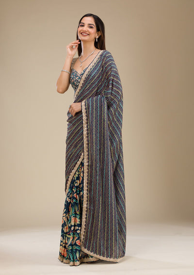 Navy Blue Printed Satin Saree-Koskii