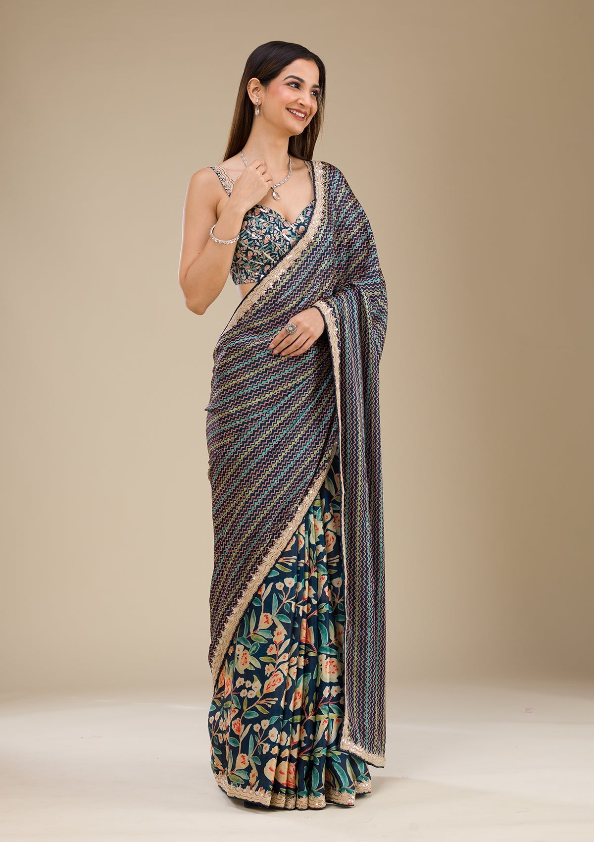 Navy Blue Printed Satin Saree-Koskii