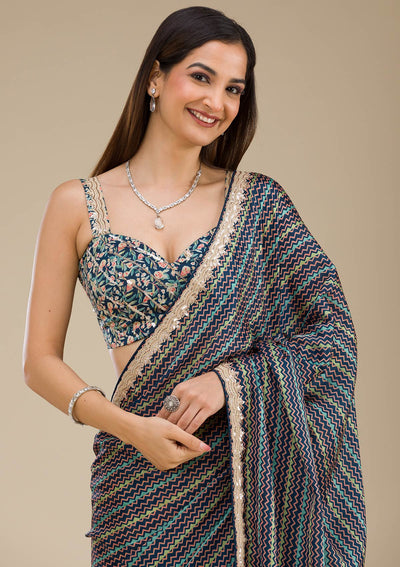 Navy Blue Printed Satin Saree-Koskii