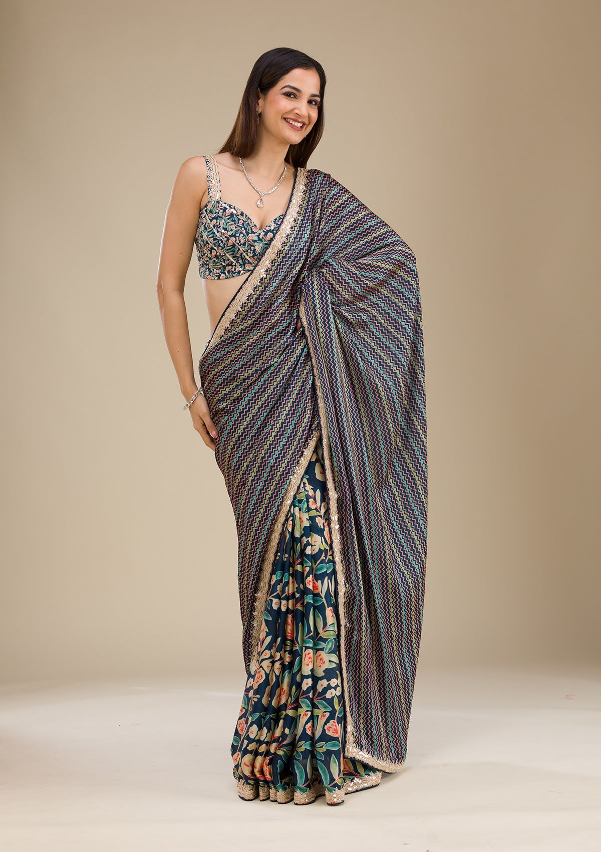 Navy Blue Printed Satin Saree-Koskii