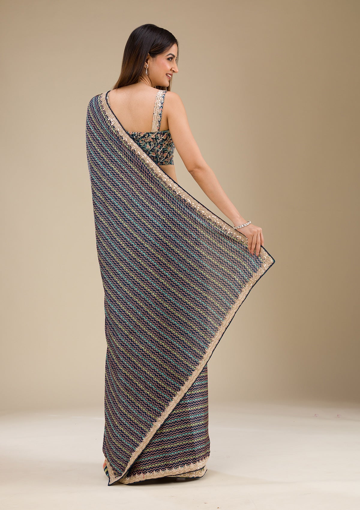 Navy Blue Printed Satin Saree-Koskii