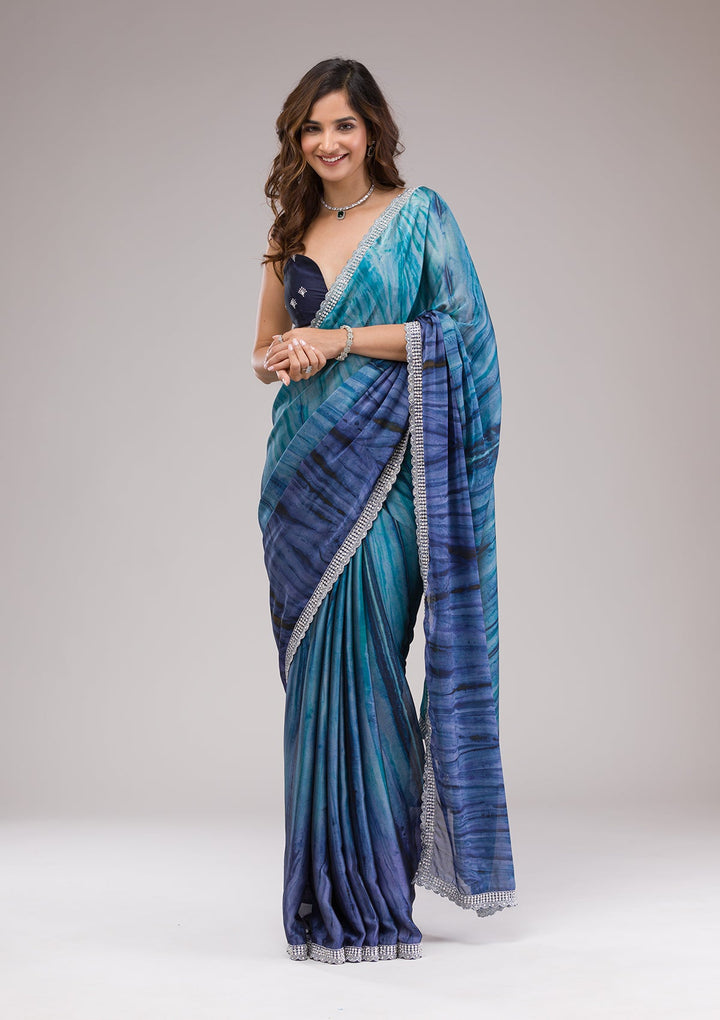 Navy Blue Printed Semi Crepe Saree-Koskii