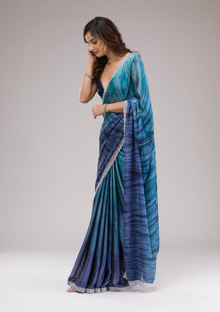 Navy Blue Printed Semi Crepe Saree-Koskii
