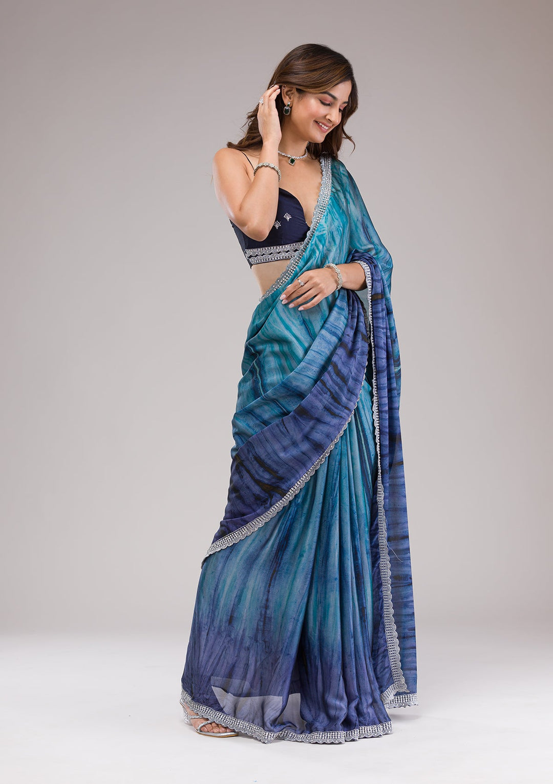 Navy Blue Printed Semi Crepe Saree-Koskii