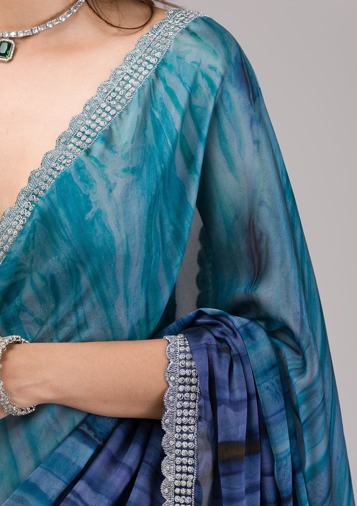 Navy Blue Printed Semi Crepe Saree-Koskii