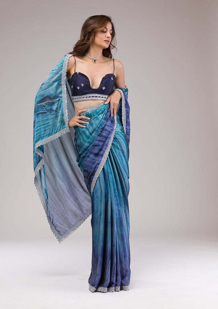 Navy Blue Printed Semi Crepe Saree-Koskii