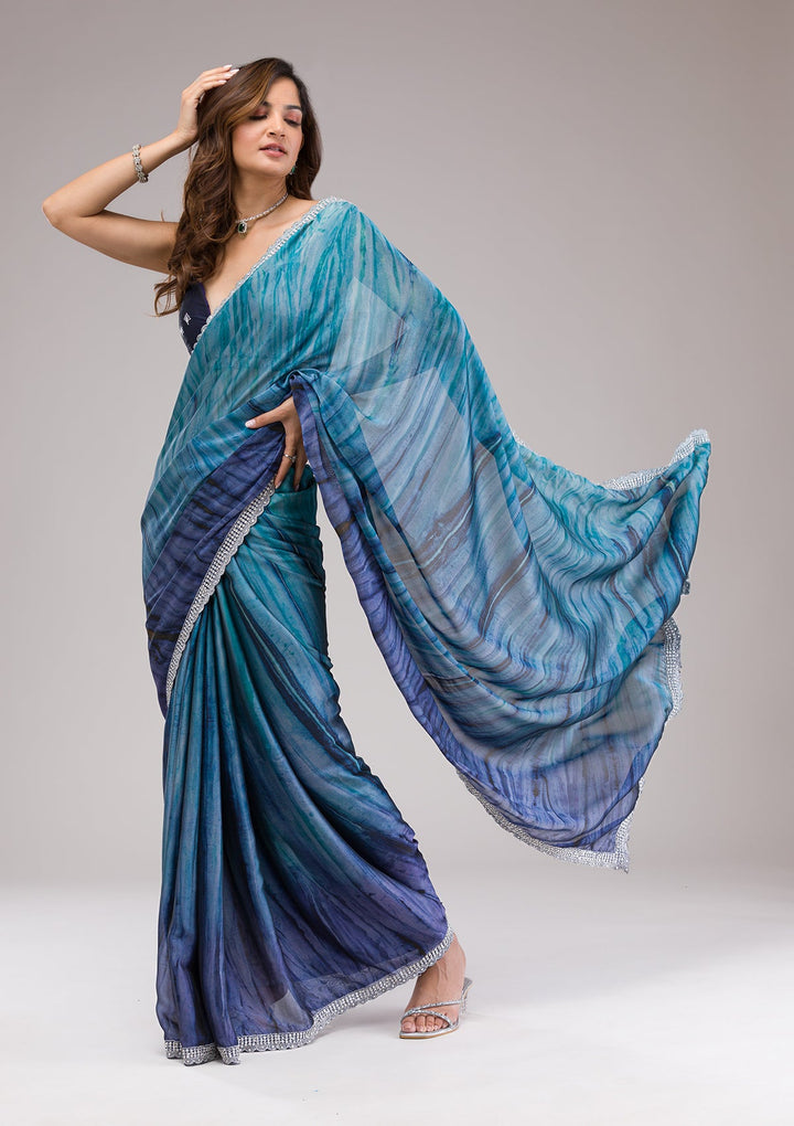 Navy Blue Printed Semi Crepe Saree-Koskii