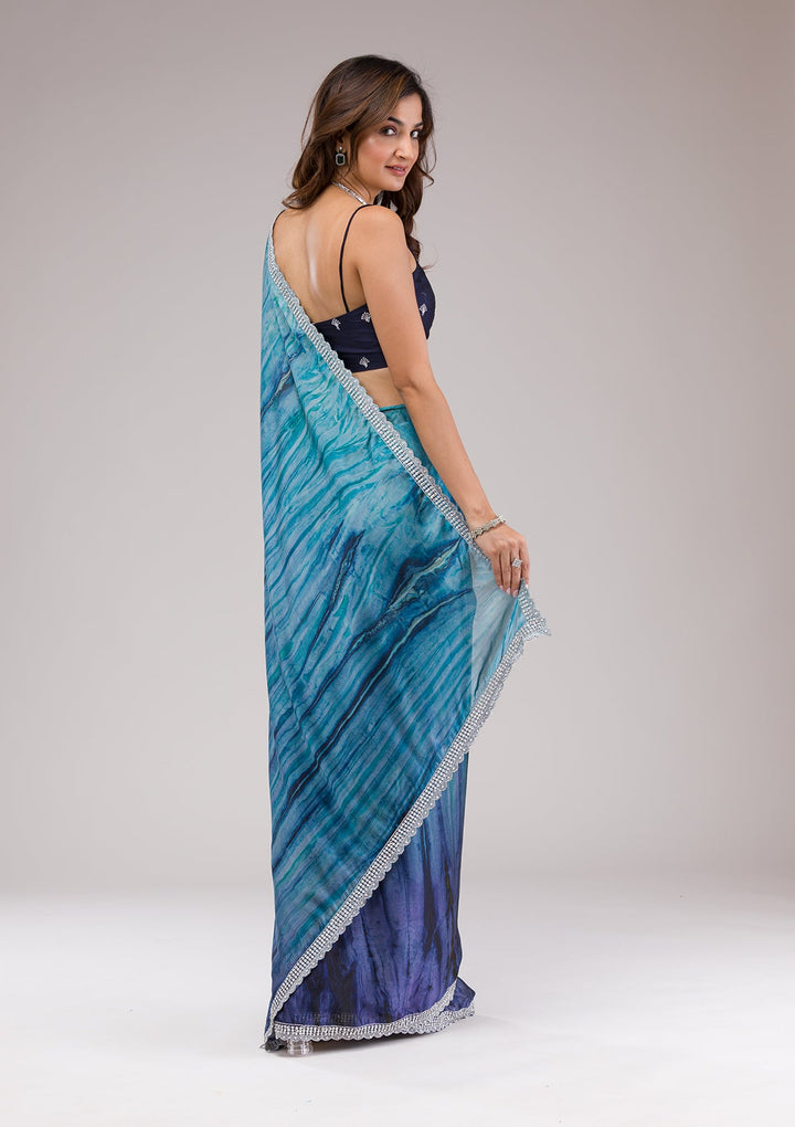 Navy Blue Printed Semi Crepe Saree-Koskii