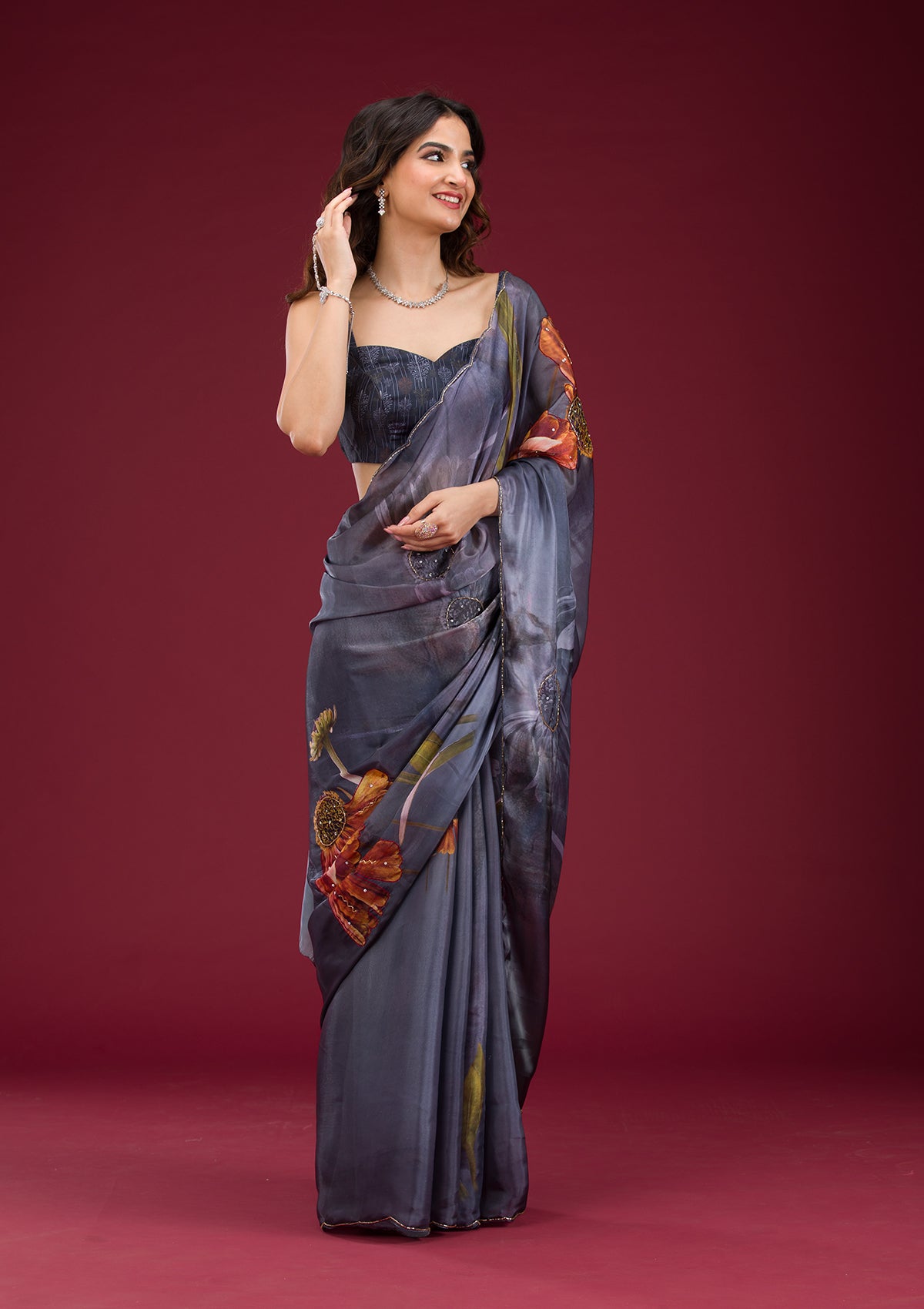 Navy Blue Printed Tissue Saree