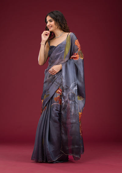 Navy Blue Printed Tissue Saree