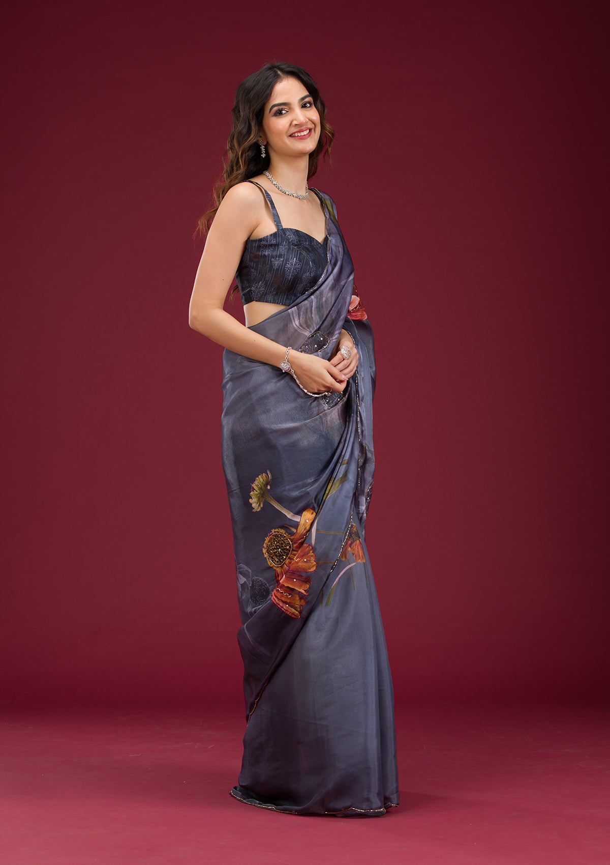 Navy Blue Printed Tissue Saree