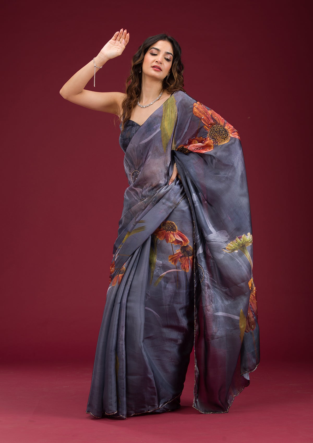 Navy Blue Printed Tissue Saree