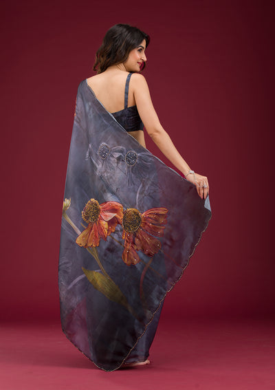 Navy Blue Printed Tissue Saree