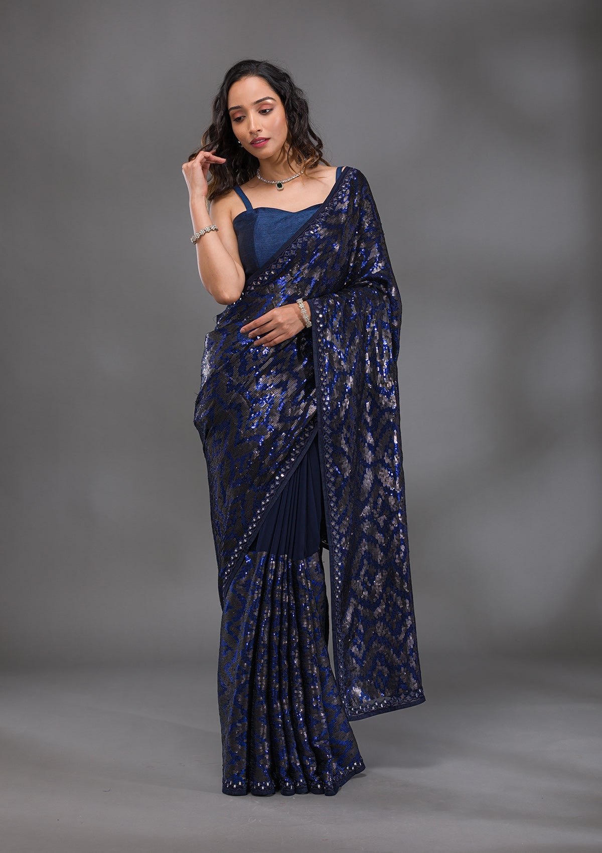 Navy Blue Sequins Georgette Saree-Koskii