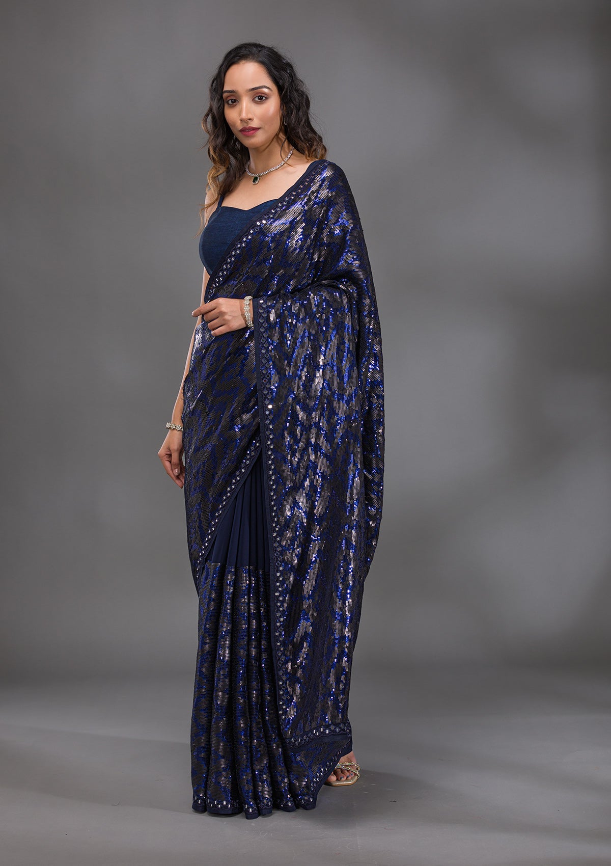 Navy Blue Sequins Georgette Saree-Koskii