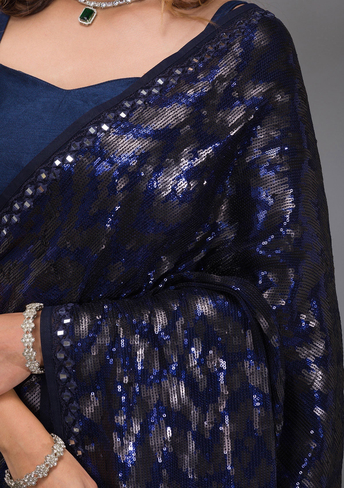 Navy Blue Sequins Georgette Saree-Koskii