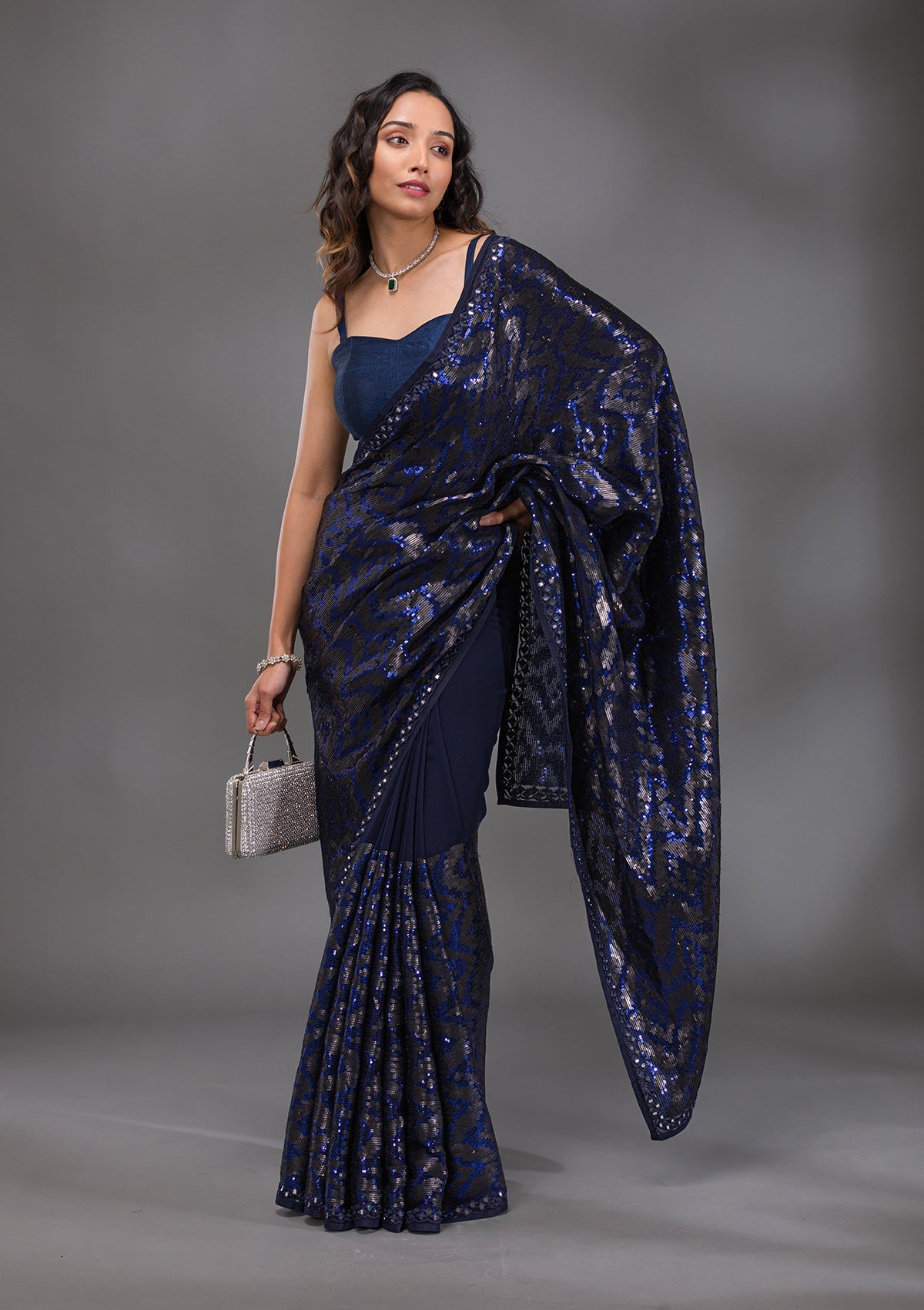 Navy Blue Sequins Georgette Saree-Koskii