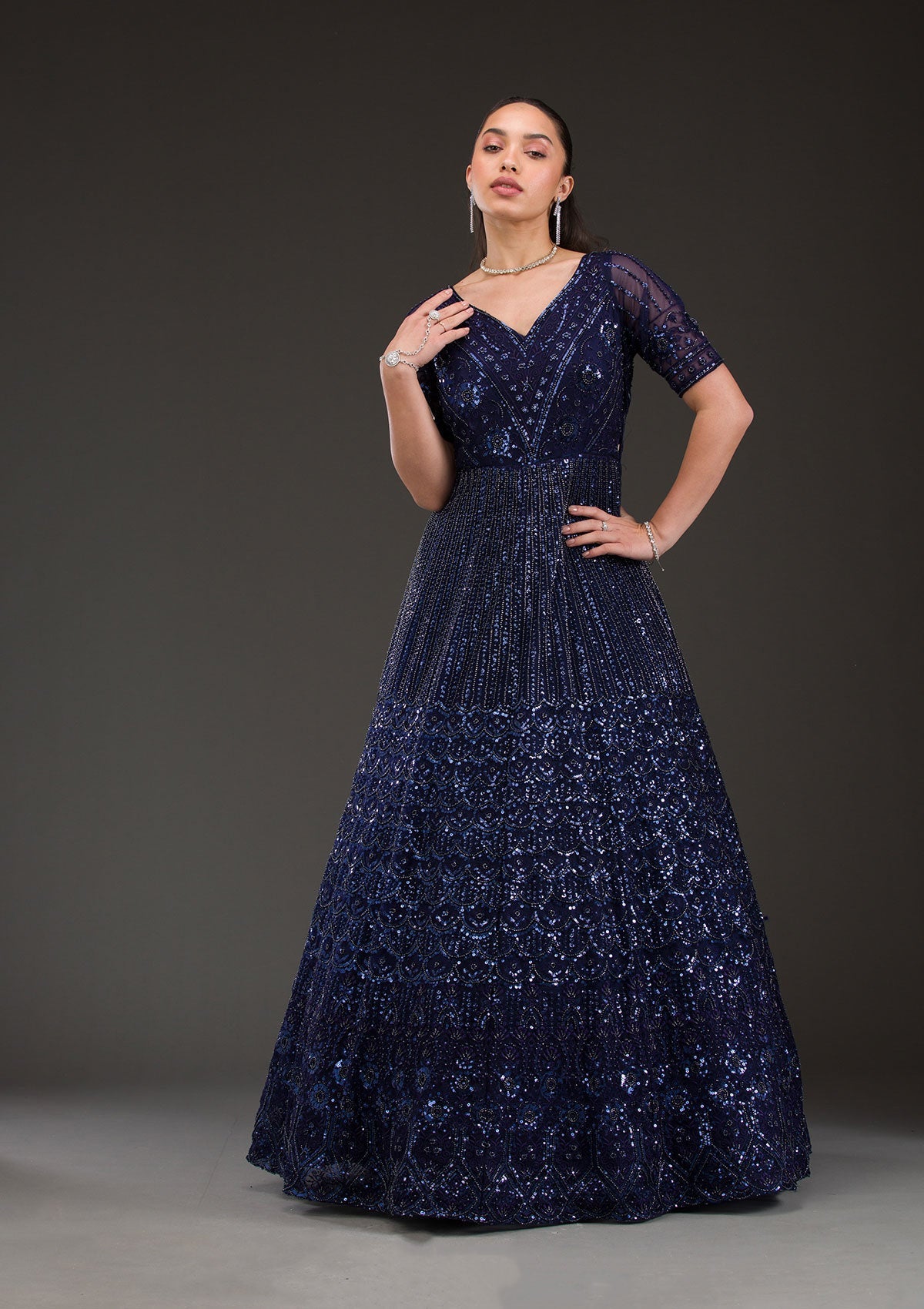 Navy Blue Sequins Net Gown-Koskii