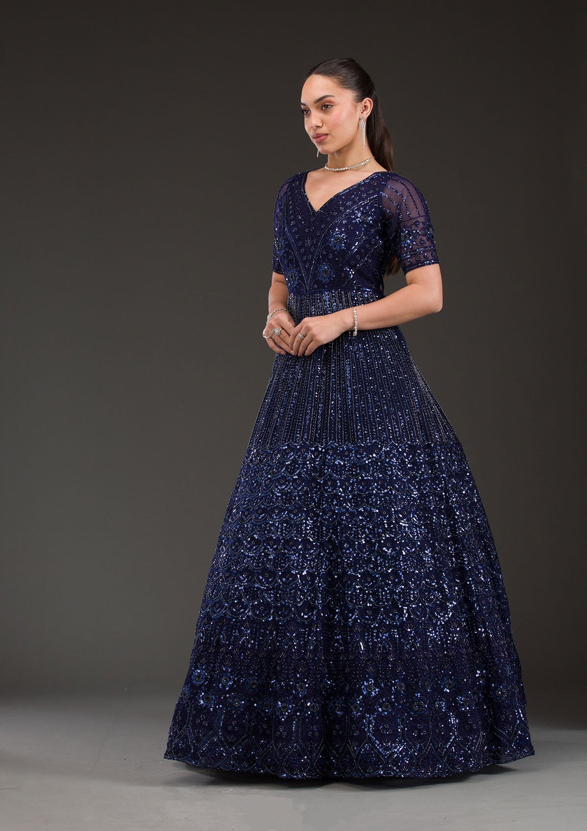 Navy Blue Sequins Net Gown-Koskii