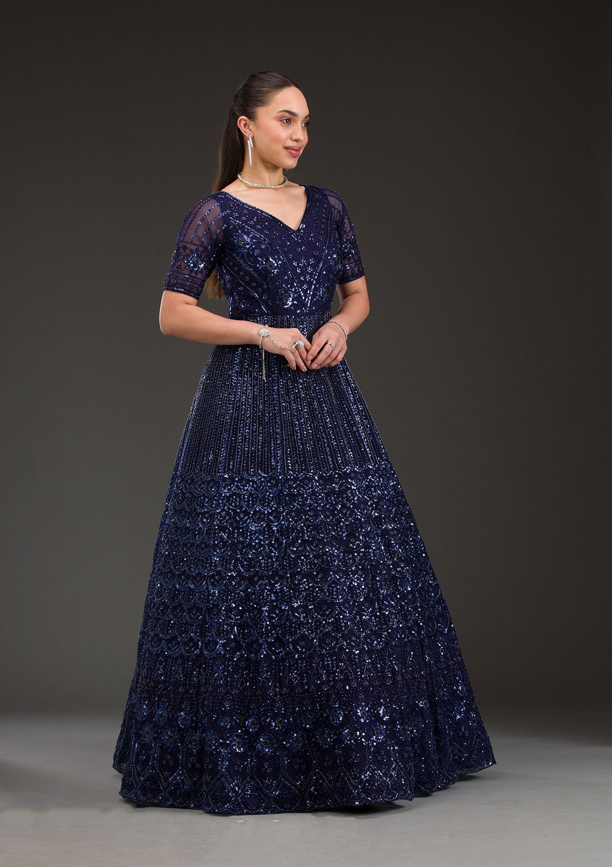 Navy Blue Sequins Net Gown-Koskii