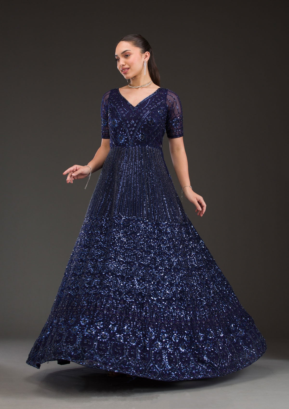 Navy Blue Sequins Net Gown-Koskii