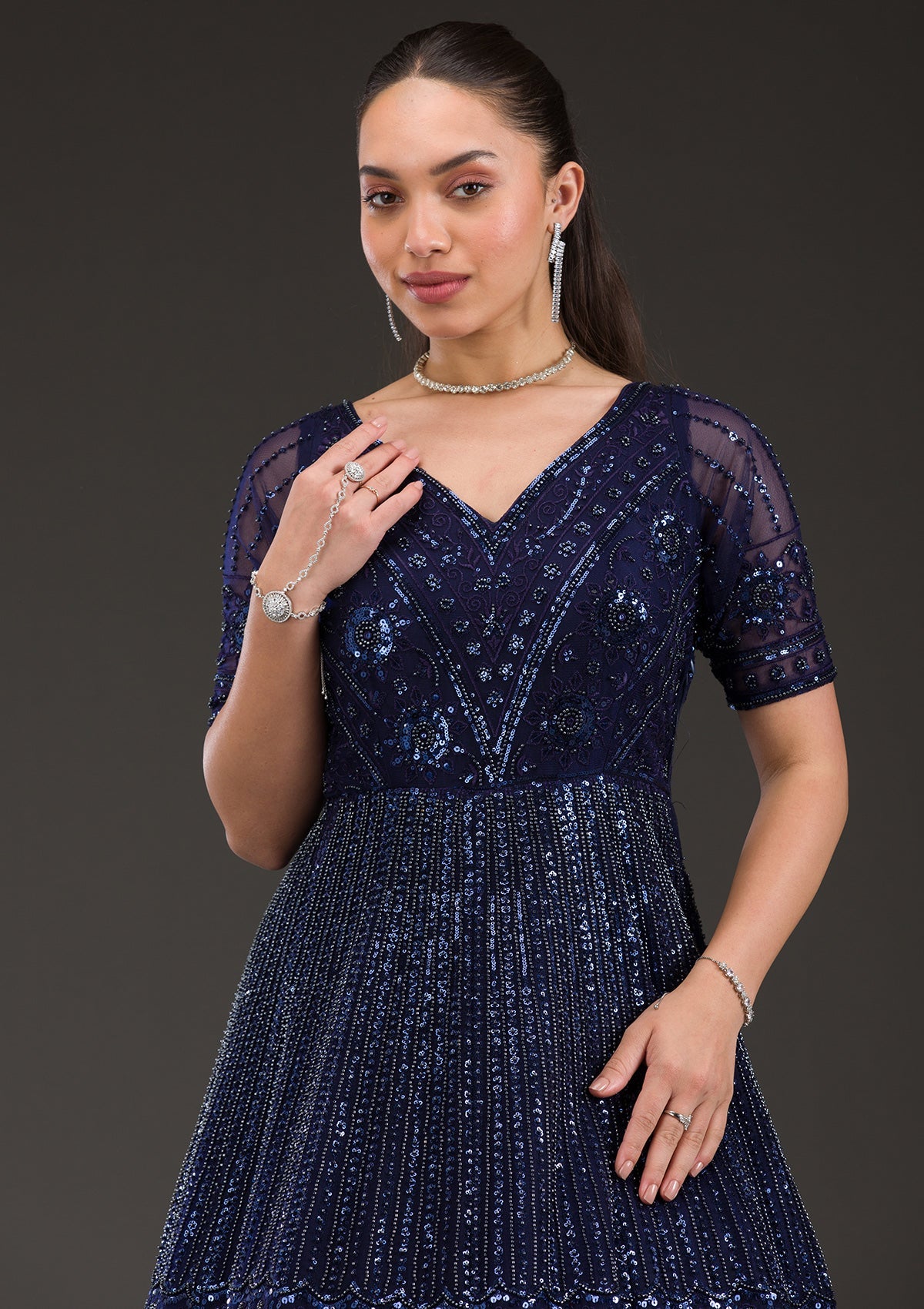 Navy Blue Sequins Net Gown-Koskii