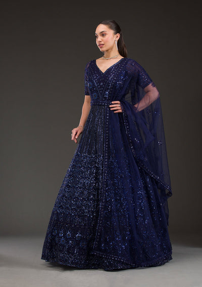 Navy Blue Sequins Net Gown-Koskii