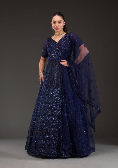 Navy Blue Sequins Net Gown-Koskii