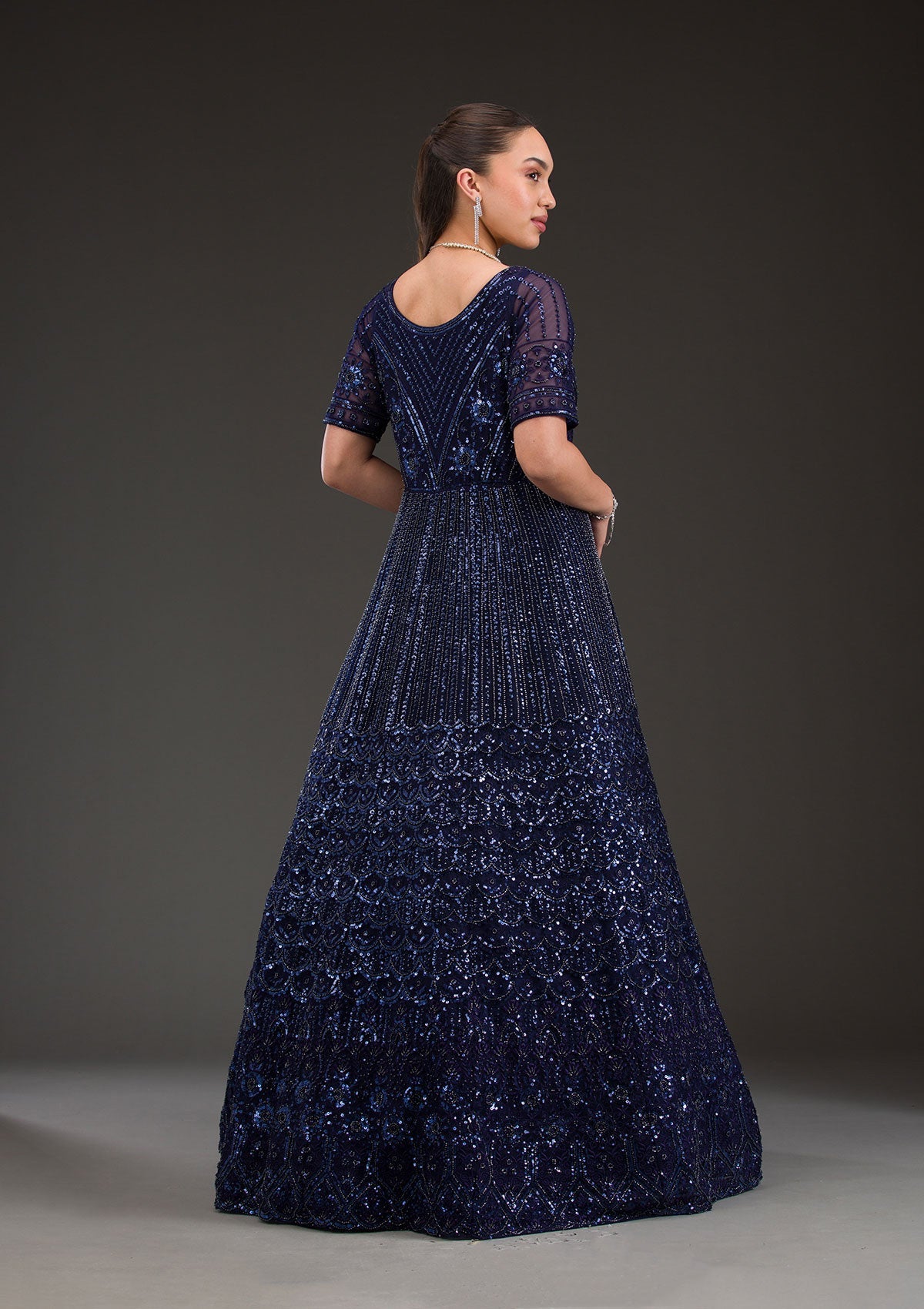 Navy Blue Sequins Net Gown-Koskii