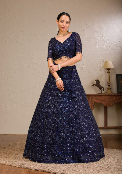 Navy Blue Sequins Net Readymade Lehenga-Koskii