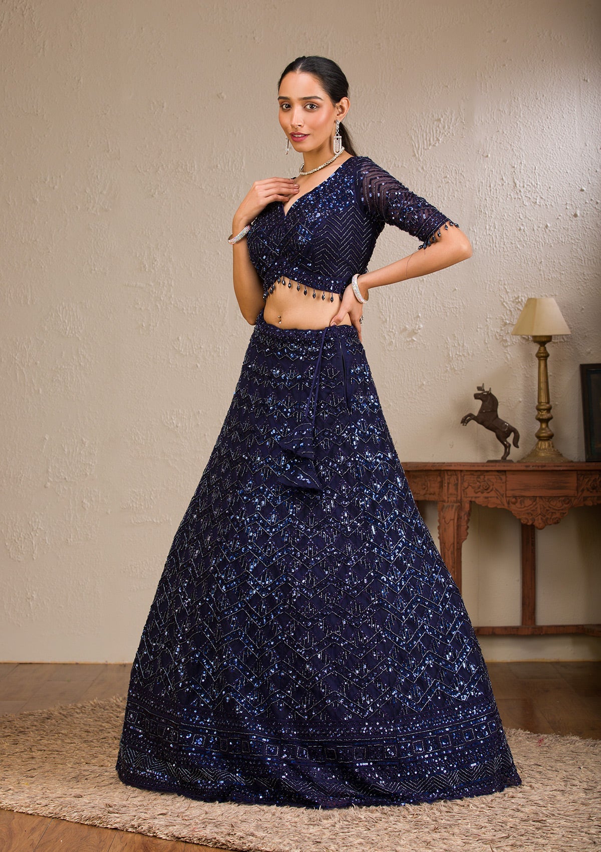 Navy Blue Sequins Net Readymade Lehenga-Koskii