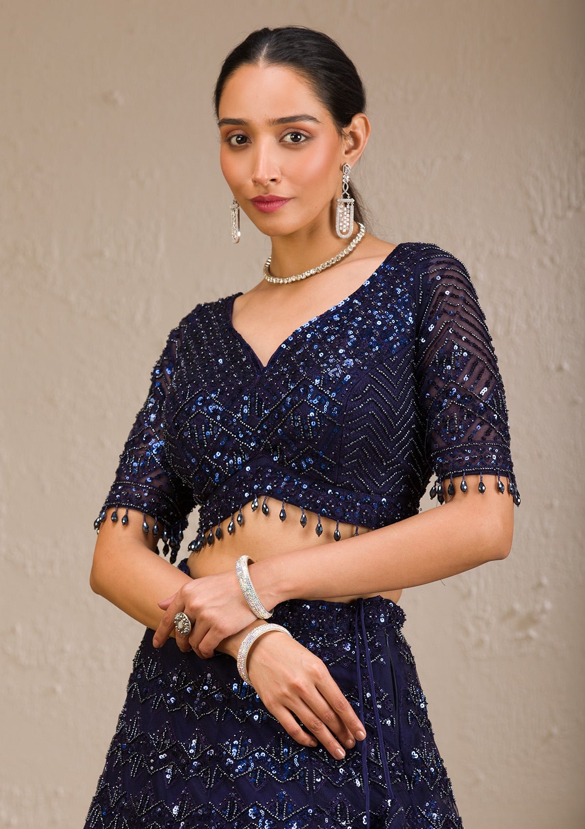 Navy Blue Sequins Net Readymade Lehenga-Koskii