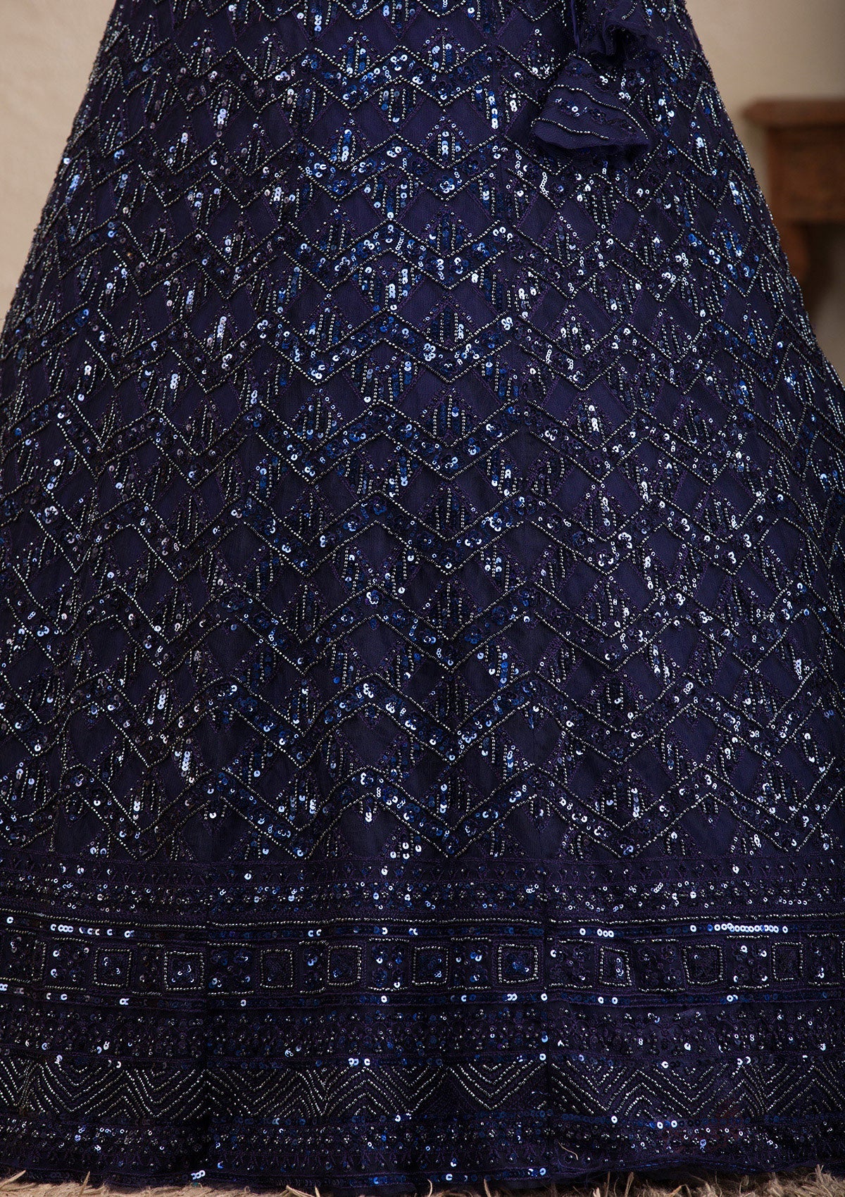 Navy Blue Sequins Net Readymade Lehenga-Koskii