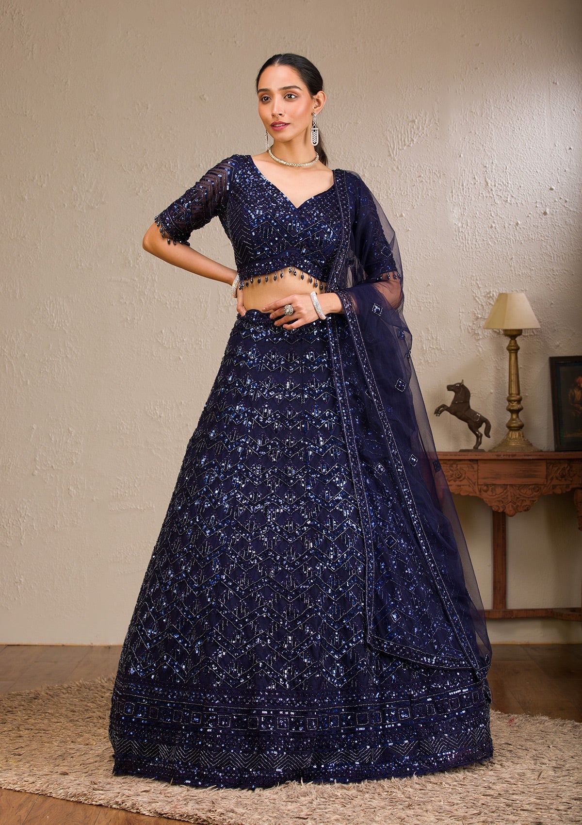 Navy Blue Sequins Net Readymade Lehenga-Koskii