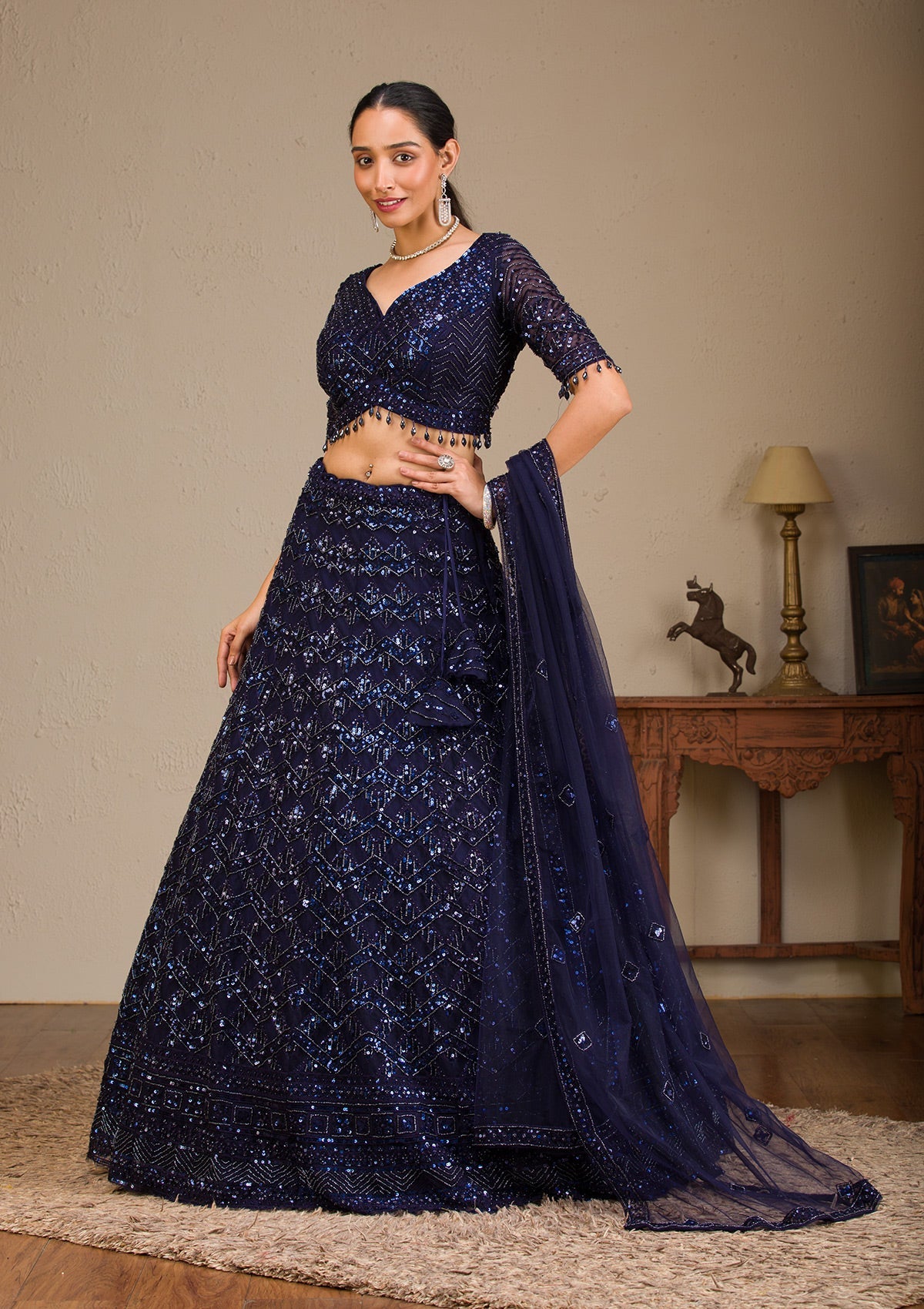 Navy Blue Sequins Net Readymade Lehenga-Koskii