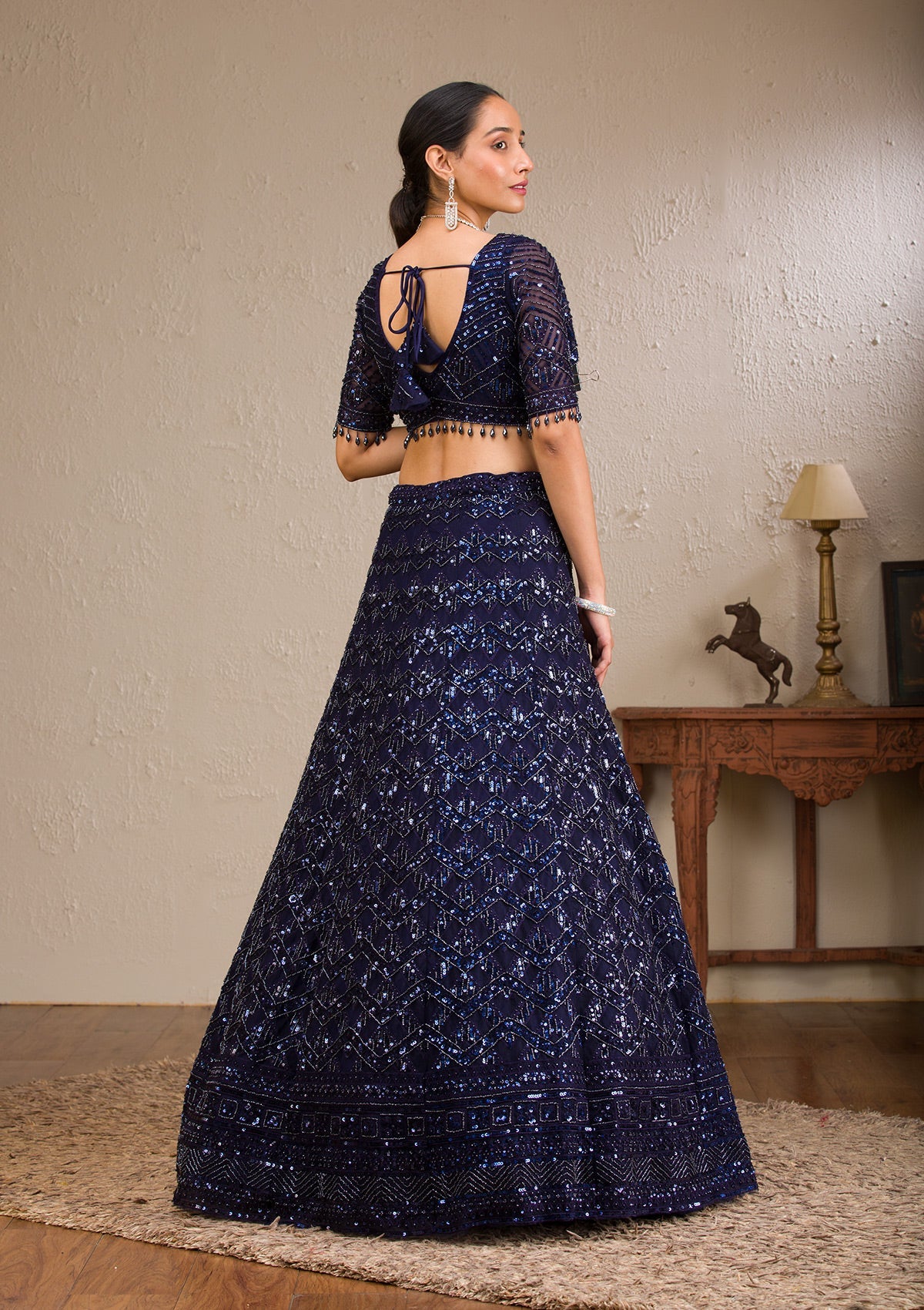 Navy Blue Sequins Net Readymade Lehenga-Koskii