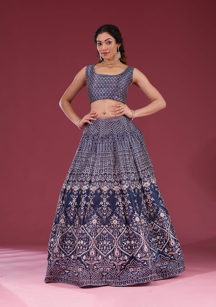 Navy Blue Silver Stonework Raw Silk Readymade Lehenga-Koskii