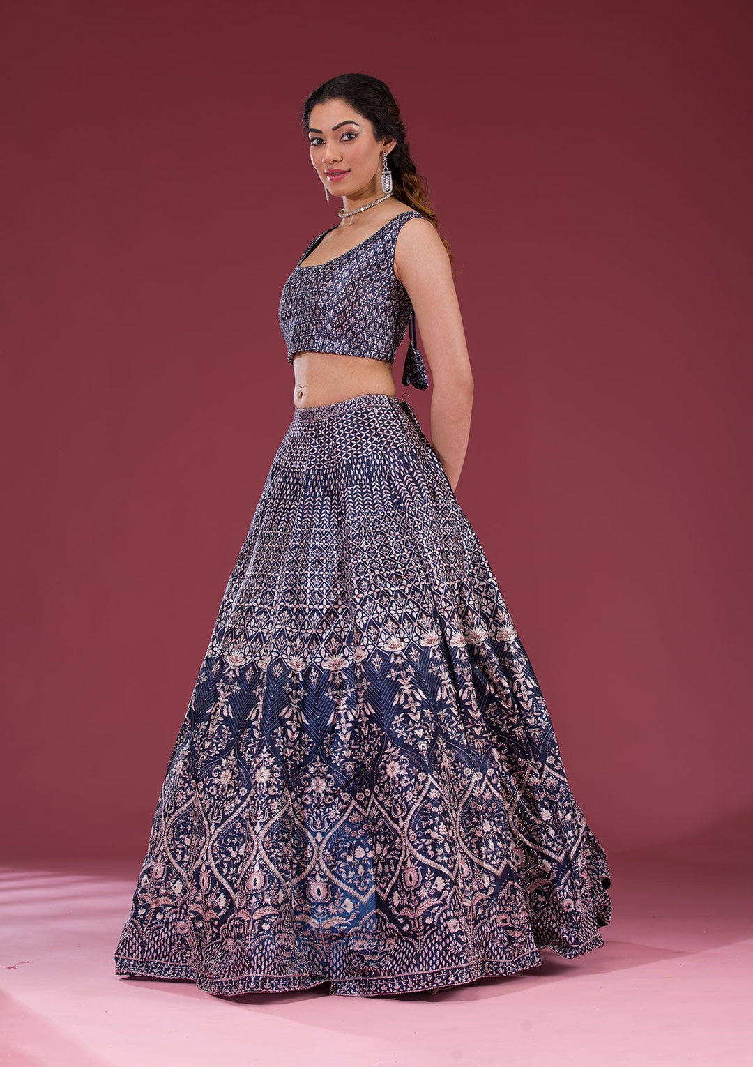 Navy Blue Silver Stonework Raw Silk Readymade Lehenga-Koskii