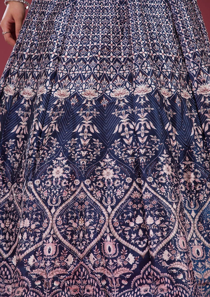 Navy Blue Silver Stonework Raw Silk Readymade Lehenga-Koskii