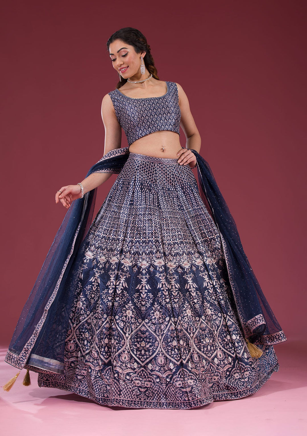 Navy Blue Silver Stonework Raw Silk Readymade Lehenga-Koskii