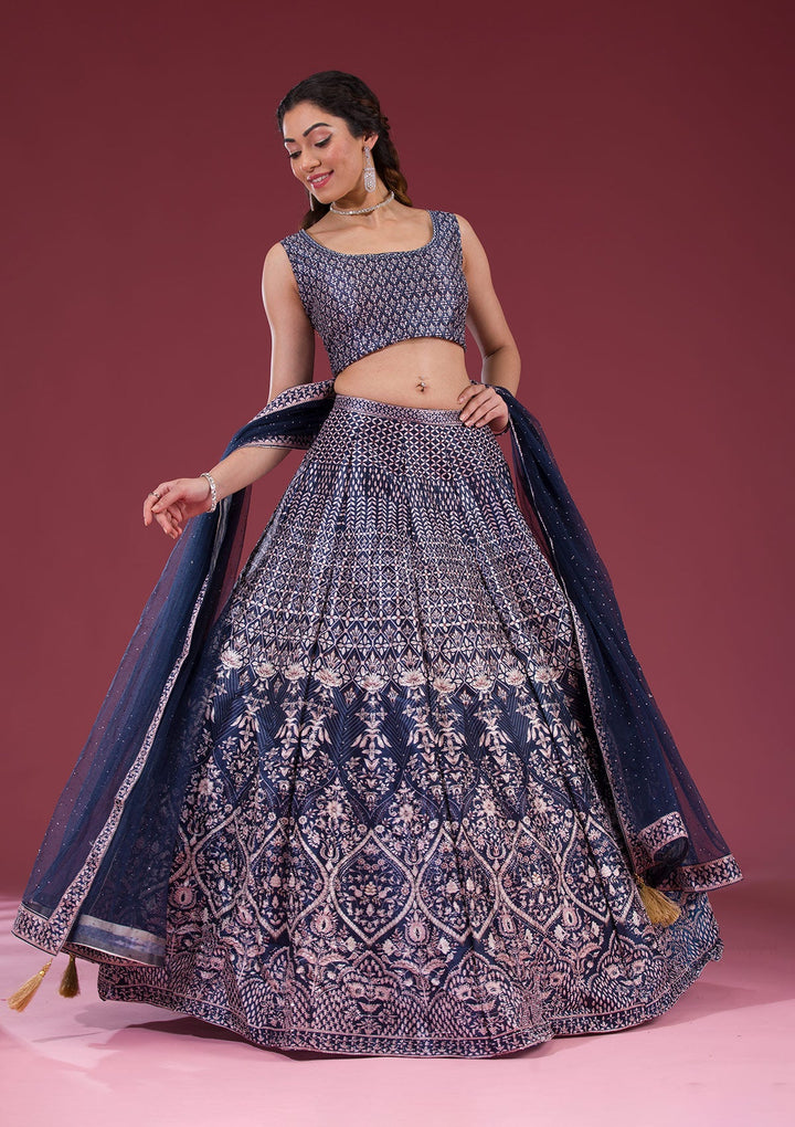 Navy Blue Silver Stonework Raw Silk Readymade Lehenga-Koskii