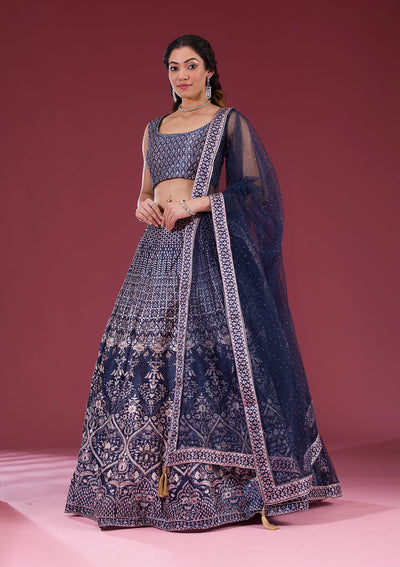 Navy Blue Silver Stonework Raw Silk Readymade Lehenga-Koskii