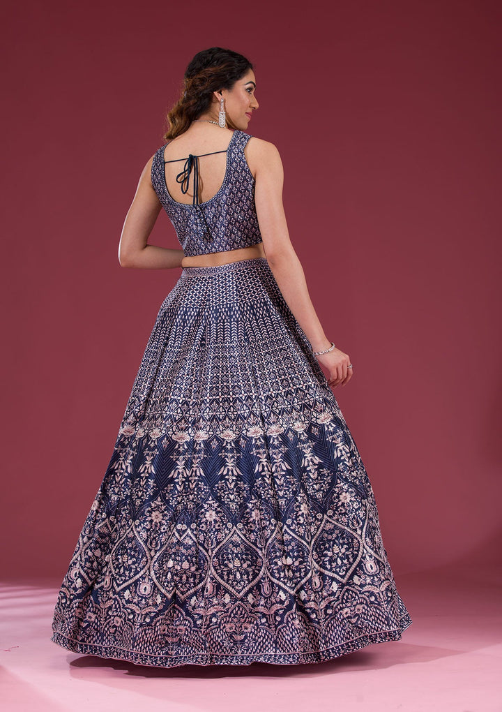 Navy Blue Silver Stonework Raw Silk Readymade Lehenga-Koskii