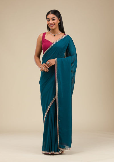 Navy Blue Stonework Art Silk Saree-Koskii