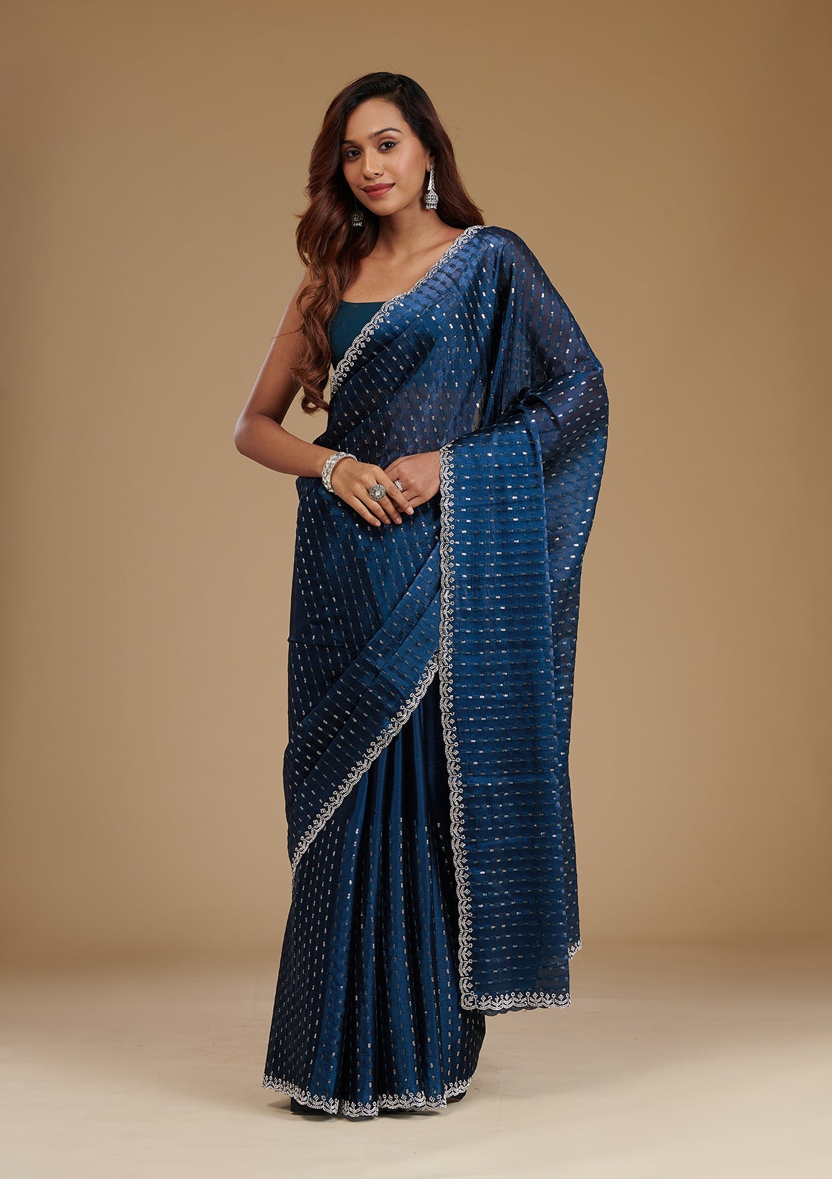 Navy Blue Stonework Georgette Saree-Koskii